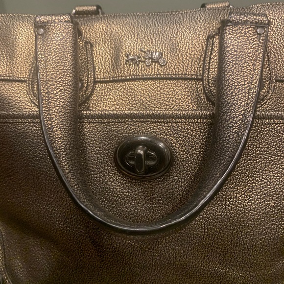 Dark Gold Coach Leather Bronze Satchel Purse
13" (L) x 9.5" (H) x 7" (W) - Picture 3 of 14